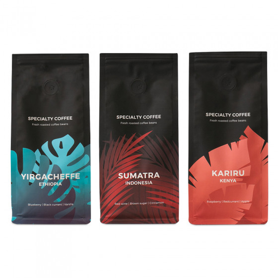 Kahvipapusetti "Yirgacheffe" + "Kenya Kariru" + "Indonesia Sumatra"